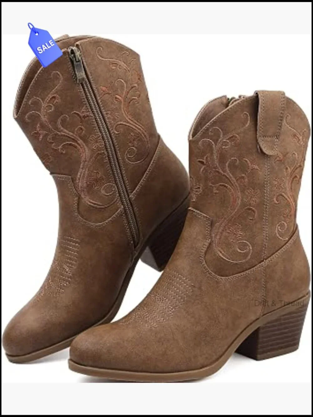 Women's Cowboy Boots Ankle Booties Floral Embroidered Side Zip Block Heel
